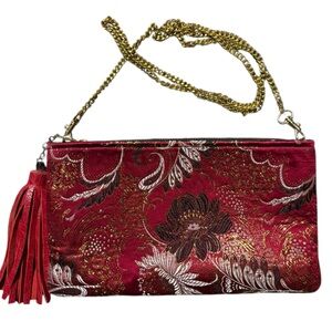 Handmade‎ European Red Floral Brocade Leather Clutch Crossbody w/ Gold Chain